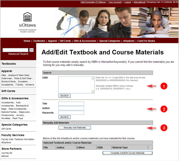 add/edit textbook and course materials screen